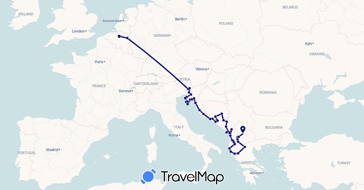 TravelMap itinerary: driving in Albania, Bosnia and Herzegovina, Belgium, Greece, Croatia, Montenegro, Macedonia, Netherlands, Slovenia (Europe)